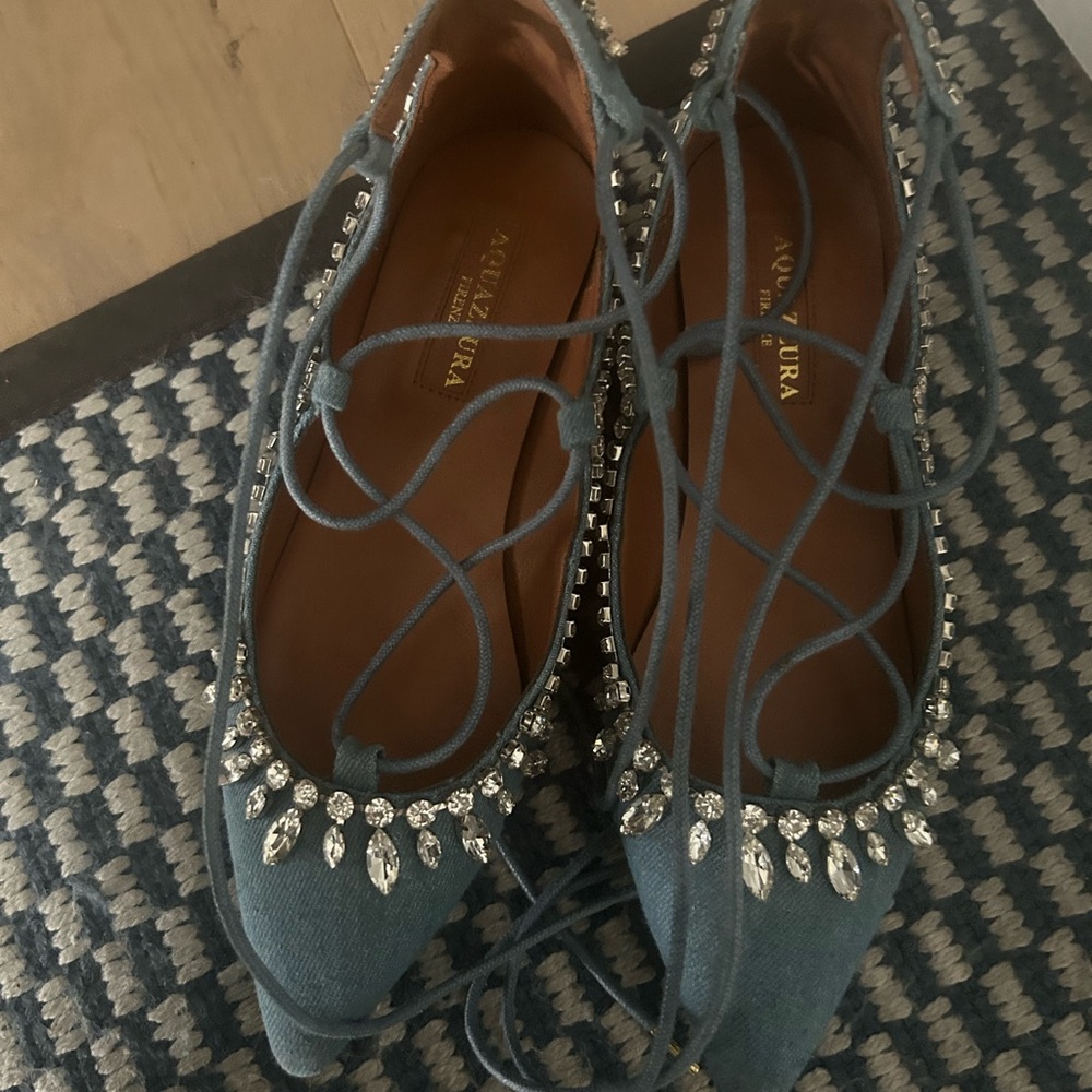 Aquazzura Denim Blue Embellished Flats
